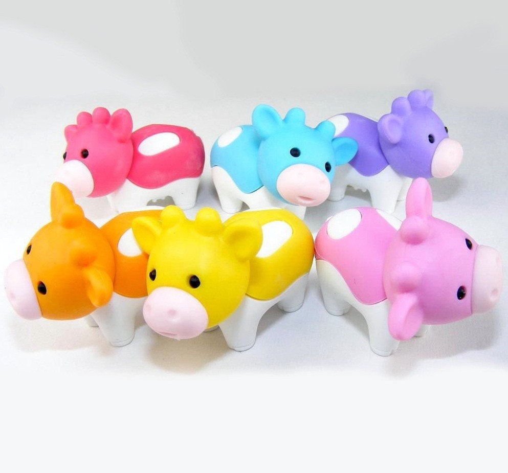 Iwako 7 Rainbow Cow Erasers and 1 Milk Carton Eraser by Jujubee555