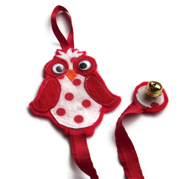 RED Owl Felt Bow and Clippie/ Barette Holder Keeper with Ribbon