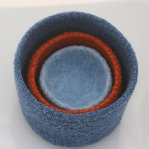 Felted wool nesting bowls- blues and an orange