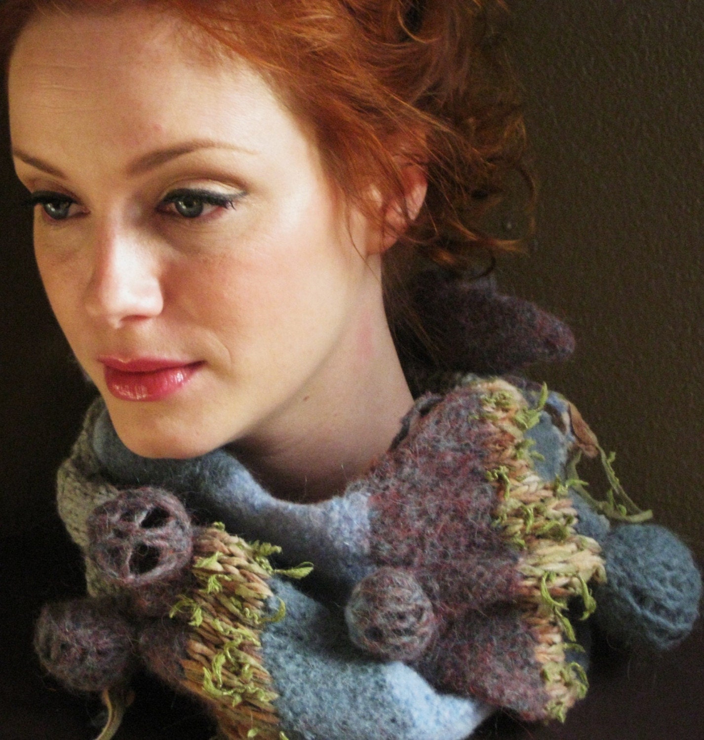 Shibori style felted scarf -blues and heather
