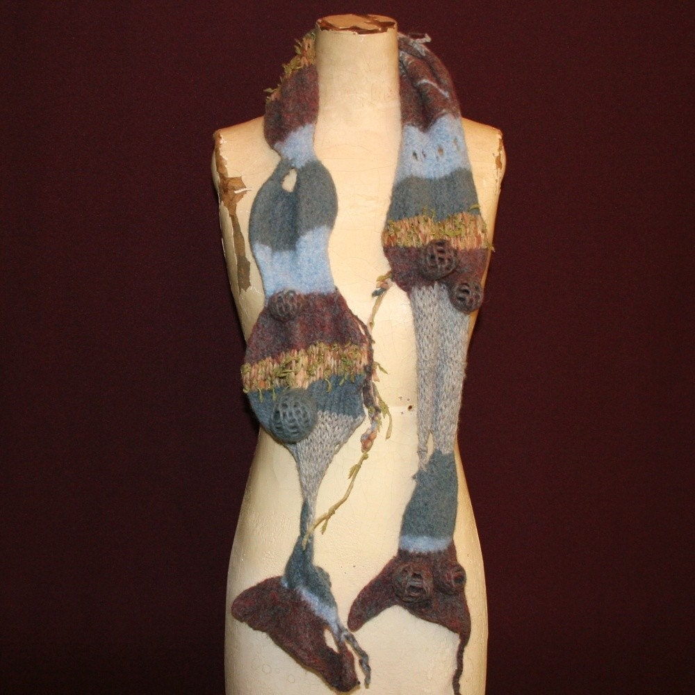 Shibori style felted scarf -blues and heather