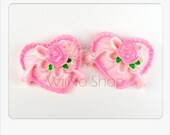 Pink Rose Ribbon Heart Cabochons Deco - 6 pcs