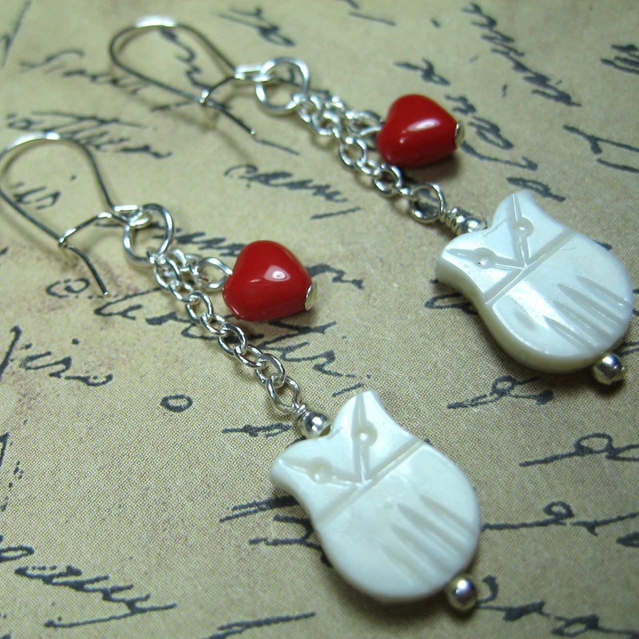 Owl love earrings- cute plastic owls and red glass hearts on sterling silver earwires -  white or turquoise