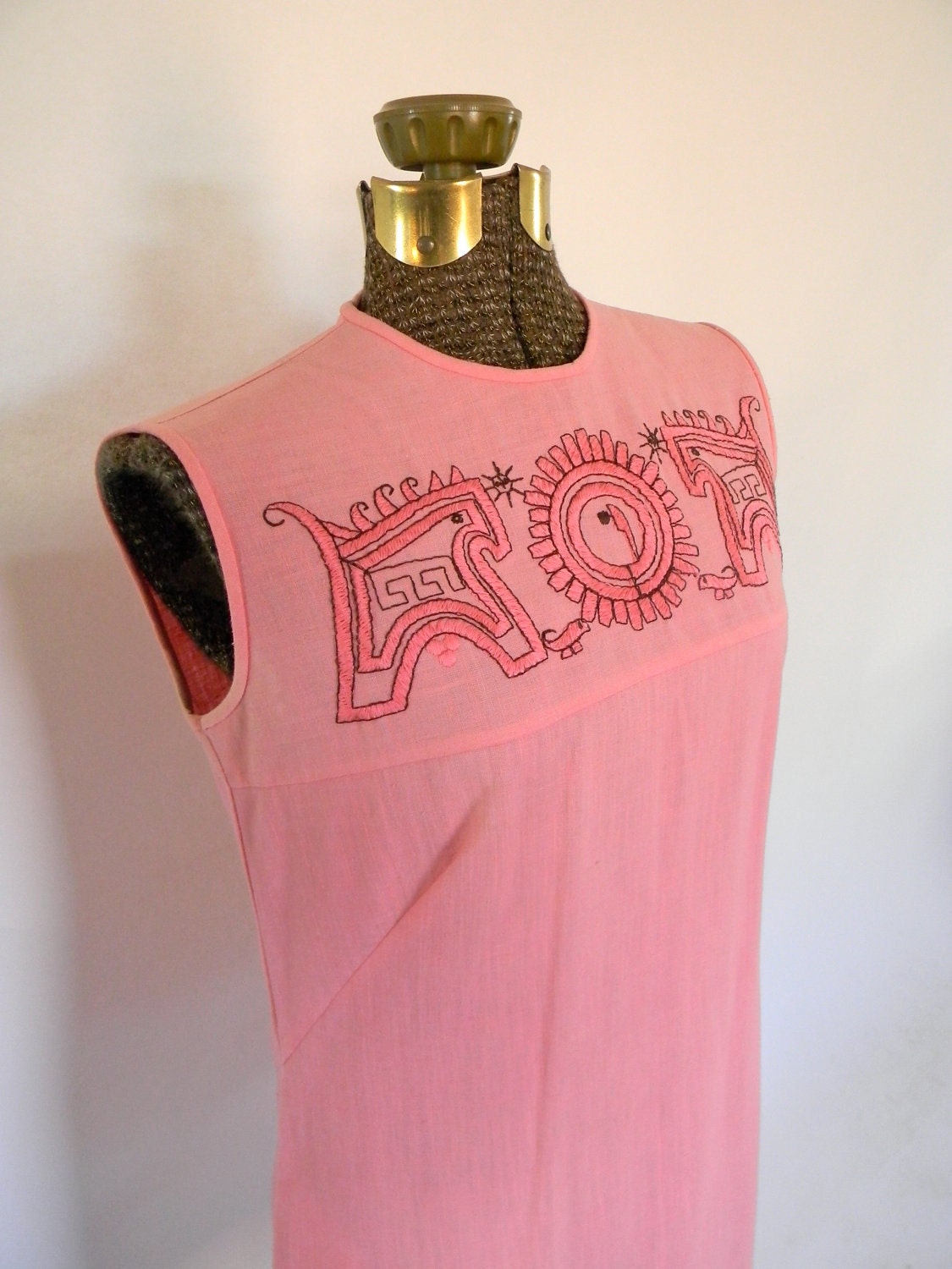 60s Mod Aztec Embroidered Pink Sheath Dress