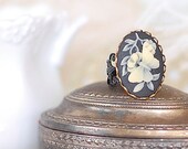 Ring Butterfly cameo Black White Gothic goth SHabby Chic  Antiqued Brass romantic cute sweet girl retro