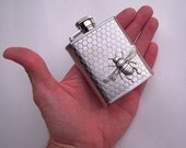 Small BEE FLASK - STAINLESS STEEL - Raised Silver Plated BEE - HONEYCOMB PATTERN - EXCLUSIVE from CosmicFirefly
