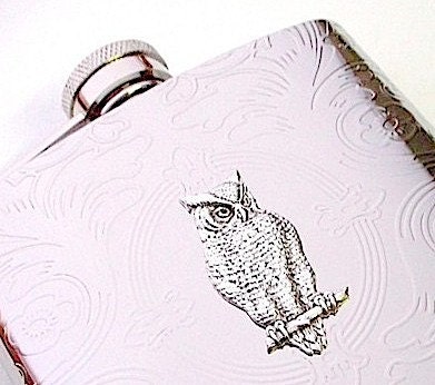 Owl Flask - Stainless Steel Metal - Holds 6 oz - Vintage Victorian Scroll Pattern - Original Design From Cosmic Firefly