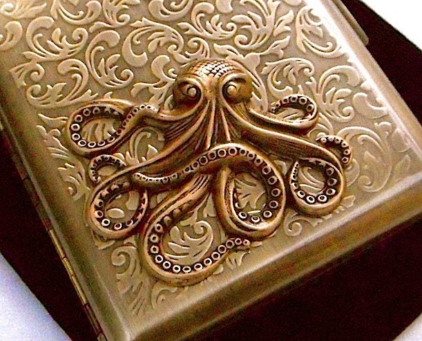 Big Brass Octopus Cigarette Case Gothic Victorian Steampunk Rustic Antiqued Gold Brass Tone Metal Vintage Inspired Smoking Accessories