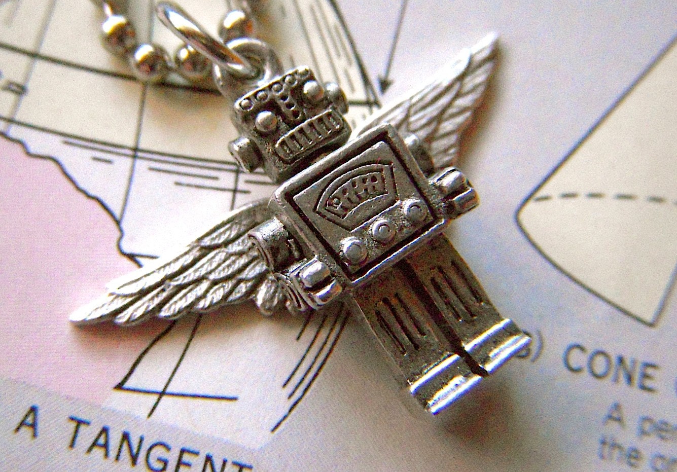 Flying Robot Necklace Steampunk Wings Small Silver Plated Miniature Sci Fi Jewelry Retro Art Deco Tiny Size
