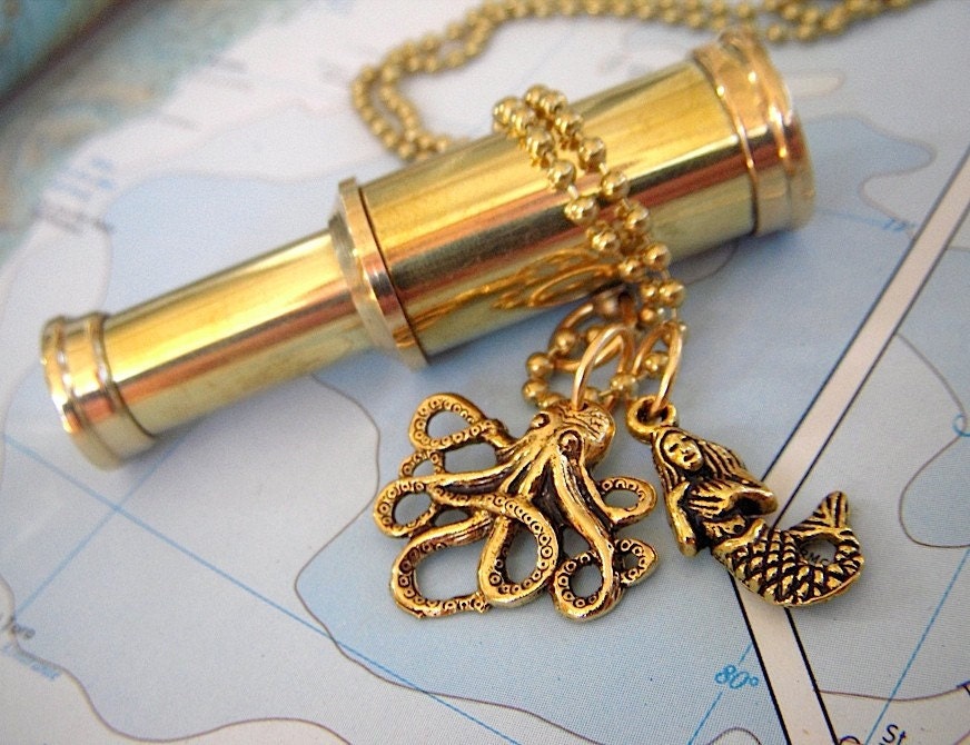 Brass Spyglass Necklace Steampunk Necklace Octopus & Mermaid Nautical Jewelry Working Spy Glass Telescope Rustic Antiqued Finish