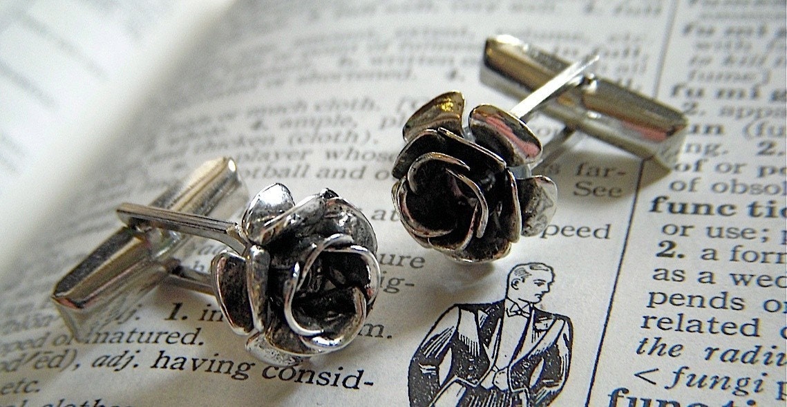 Silver Rose Cufflinks Tiny Silver Plated Vintage Inspired Steampunk Style Gothic Victorian Roses Antiqued Finish