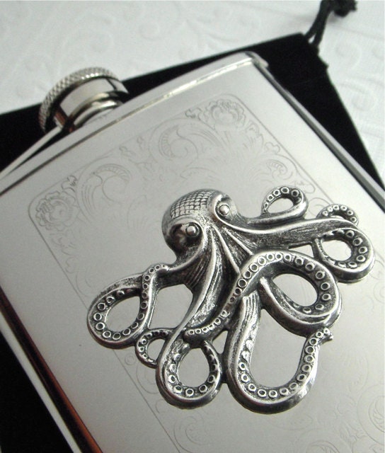 Octopus Flask Silver Plated Metal Nautical Steampunk Style Gothic Victorian Vintage Inspired Stainless Steel Pirate's Accessories & Gifts