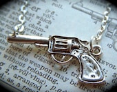 Gun Necklace Antiqued Silver Tone Finish Steampunk Cowboy Revolver Vintage Inspired Fashion Jewelry