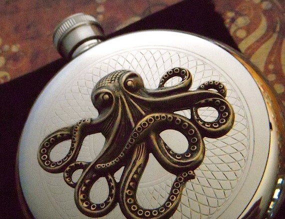 Round Octopus Flask Vintage Inspired Style Pirate Flask Steampunk Accessories Rustic Brass Octopi Stainless Steel Silver Plated Pocket Flask