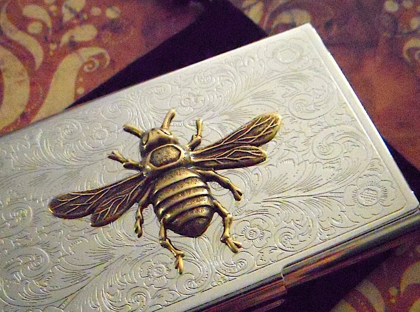 Business Card Case Bee Case Brass & Silver Vintage Style Steampunk Gothic Victorian Scroll Pattern Metal Card Holder