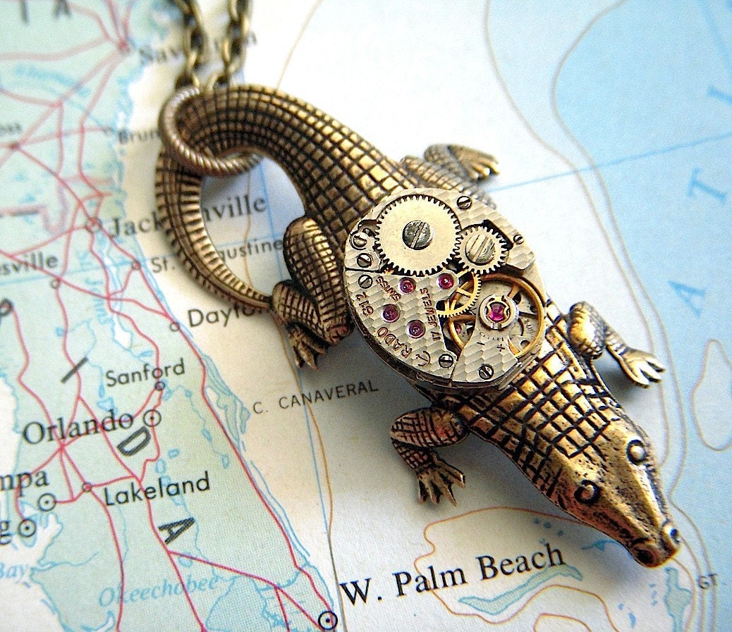 Steampunk Necklace Alligator Jewelry Tiny Vintage Watch Movement Cosmic Crocodile Unique Rustic Brass Gothic Victorian Steam Punk
