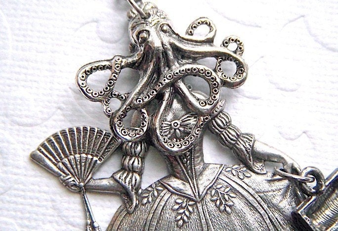 Steampunk Necklace Octopus Girl Gothic Victorian Antiqued Silver Original Vintage Inspired Assemblage Jewelry Design By Cosmic Firefly
