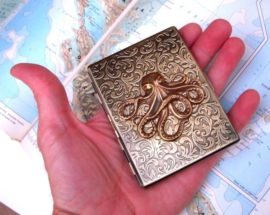 Cigarette Case Brass Octopus Nautical Steampunk Style Gothic Victorian Antiqued Gold Rustic Brass Finish Vintage Inspired Slim Metal Case