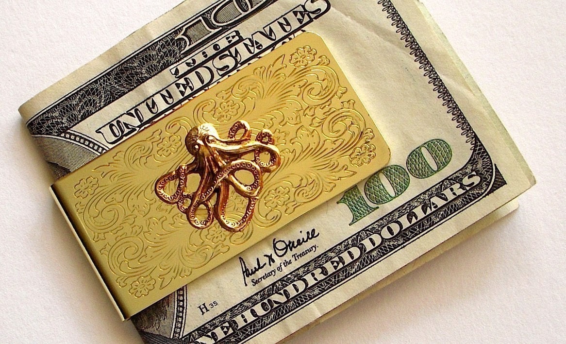 Octopus Money Clip Gold Tone Classic Slim Vintage Inspired Gothic Victorian Nautical Steampunk Men's Accessories As Featured On TheAwesomer