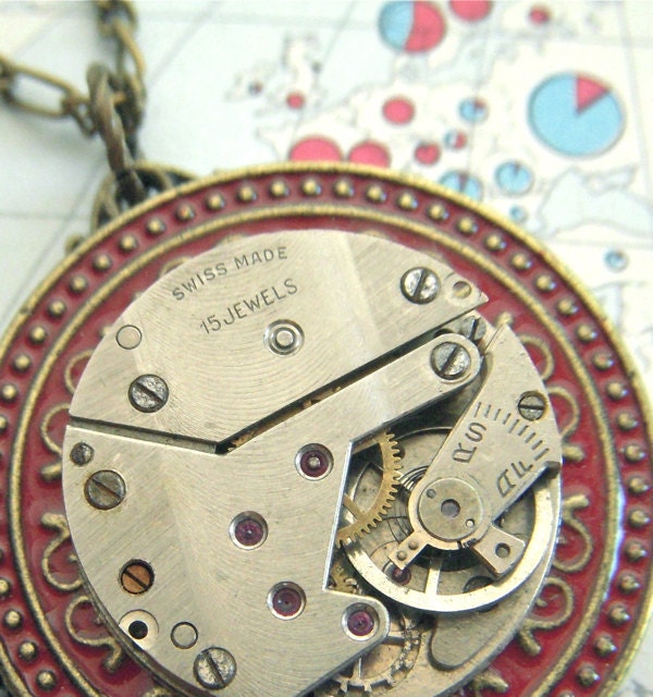 Steampunk Locket Necklace Vintage Old Antique Swiss Watch Movement Red & Gold Tone Metal Round Locket