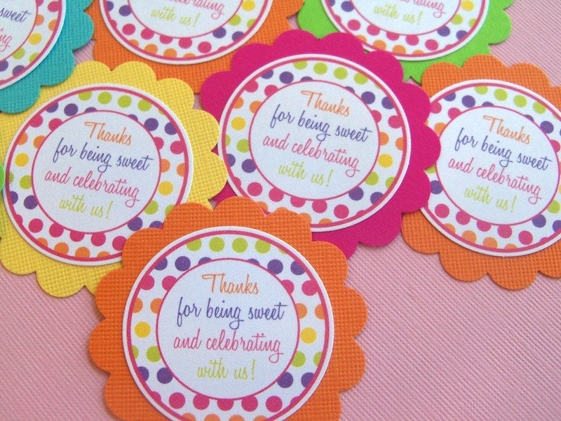 Bright Polka Dot Candyland SWEET SHOP Scallop Favor Tags Hot Pink lime green Yellow purple TURQUOISE Set of 12