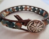 Aqua Agate Fire Polished Beaded Leather Single Wrap Bracelet, Boho Chic, Earthy colors
