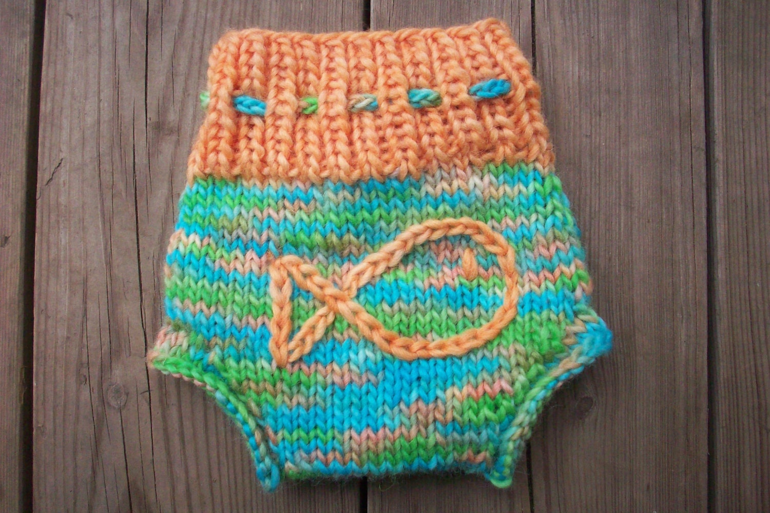 Hand Knit Hand Dyed Newborn Wool Soaker with Wool Fish Embellishment
