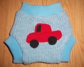 Wool Diaper Cover -  Recycled Light Blue Lambswool and Interlock Wool Diaper Soaker - Medium Car