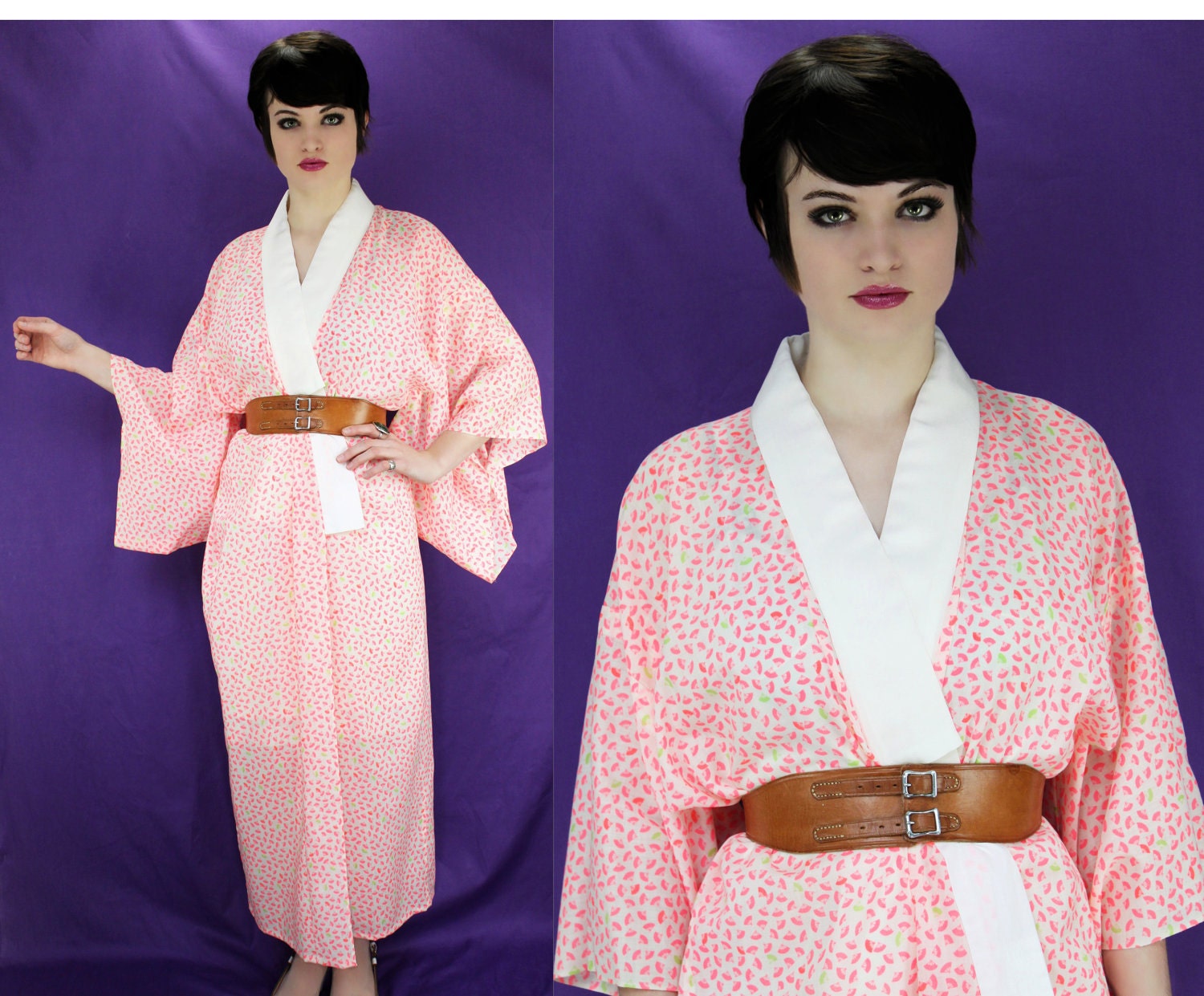 70s Kimono Dress Bell Sleeves Caftan 1970s Neon Fans Asian Hippie Boho Tunic Bohemian Vintage M