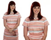 60s Striped MOD Dress 70s With Belt Peach Gray White 1960s 1970s L Large XL Plus Size