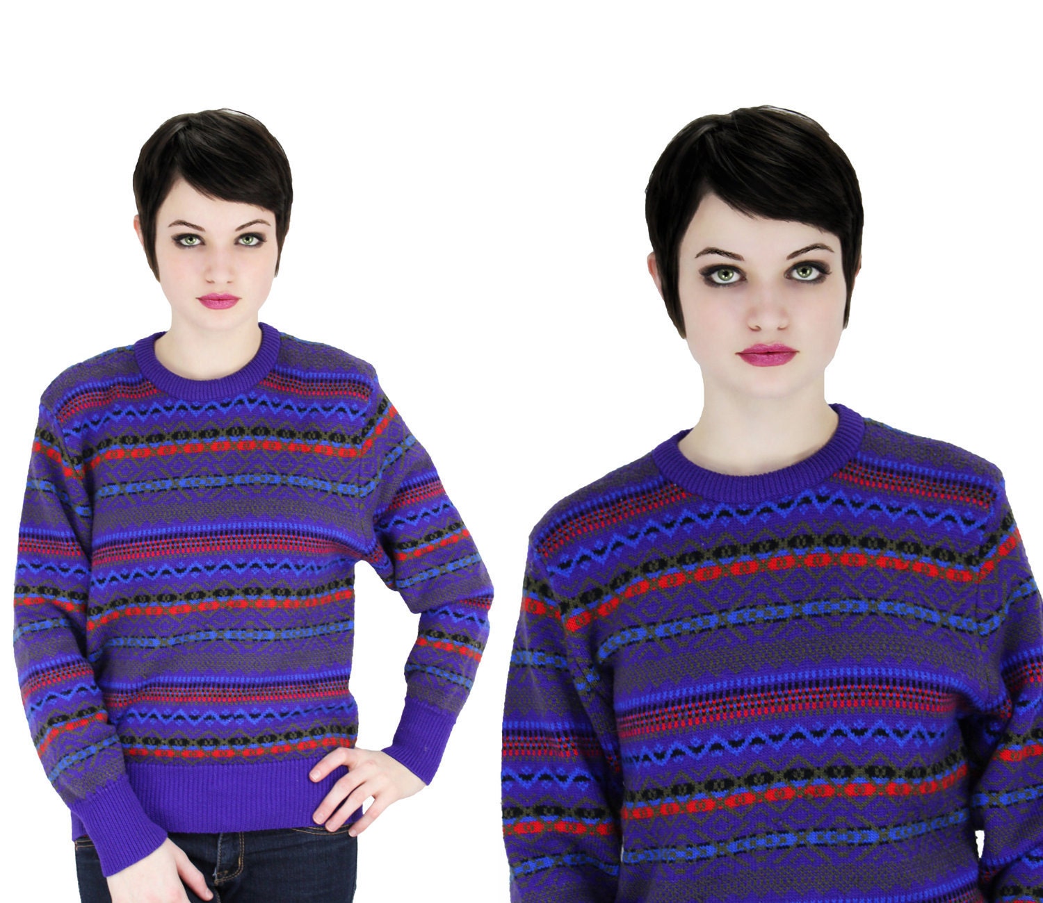 Vintage 80s Cosby Sweater Purple Red Green Black Blue Meister S M