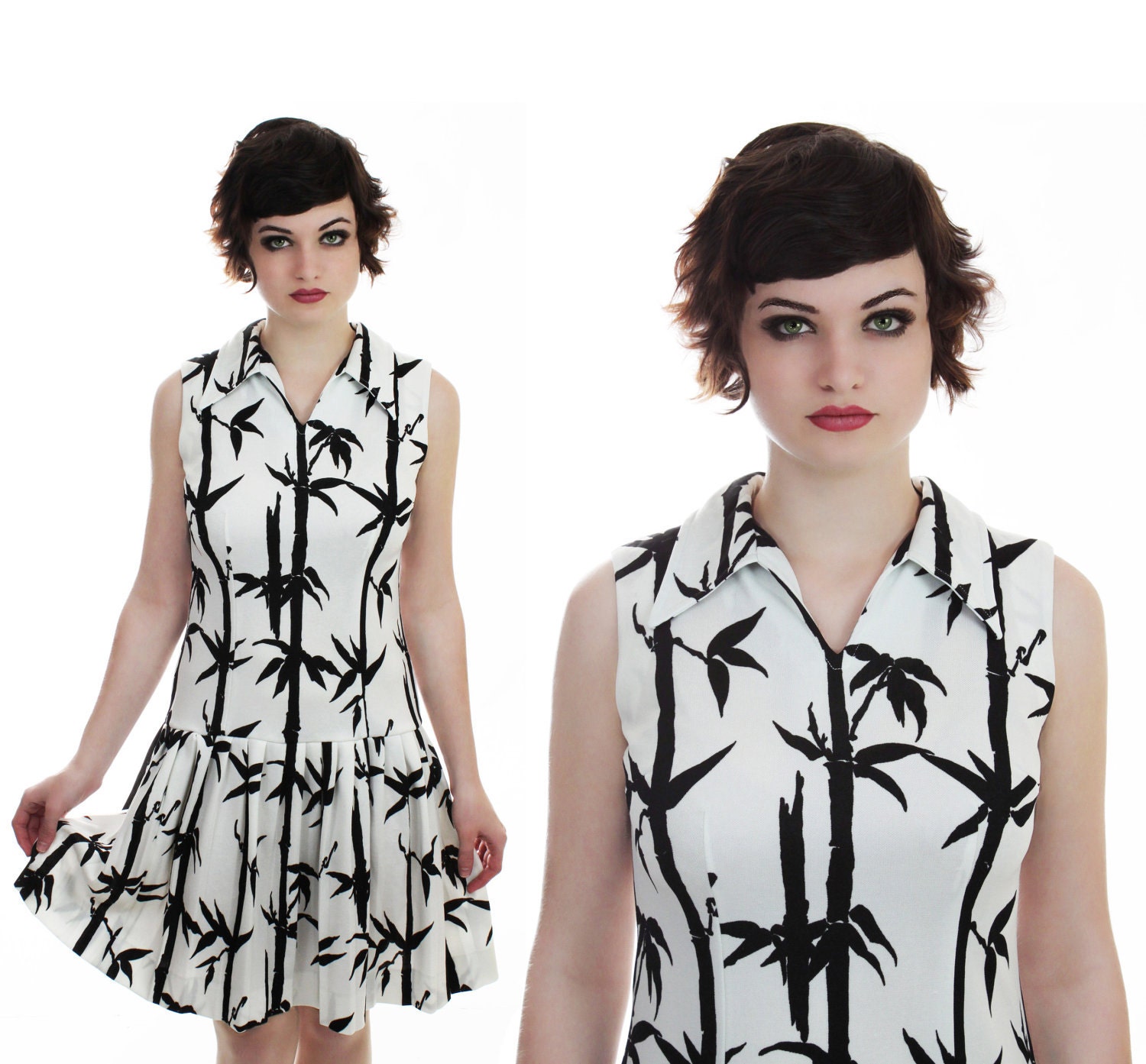 1960s Mod Dress 60s Abstract Trees Leaves 1970s 70s Mod Mini Scooter Drop Waist S M Small Medium