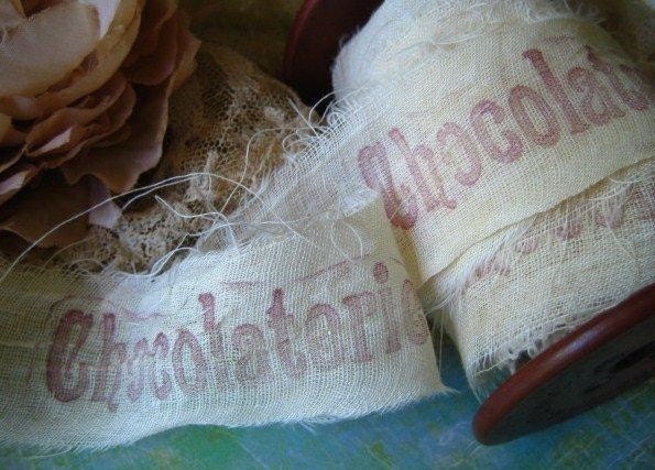 Tattered Distressed Cotton Gauze Hand Stamped Ribbon - French Chocolaterie - 2 yards