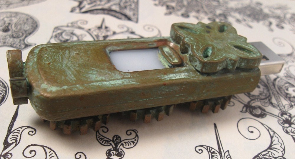 Steampunk USB Drive - Copper and Patina Finish- Three Gears that all move in Conjunction - 16 GB