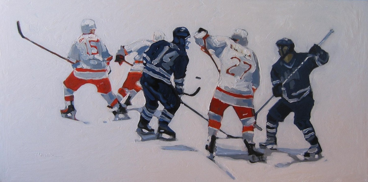 Ice Hockey Original Painting . "Loose Puck" 24x48 in.