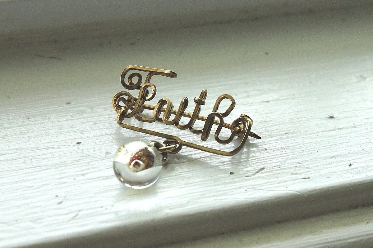 vintage cursive faith brooch with mustard seed