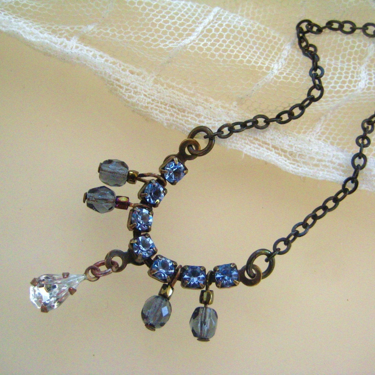 Romantic Vintage Glam Necklace Sparkling Blue Rhinestone and Crystal