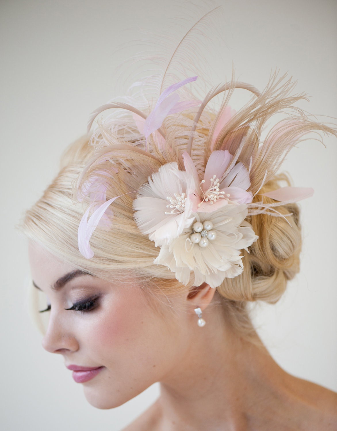 Bridal Fascinator, Fascinator, Ivory, Gold, Pink, Bridal Head PIece, Feather Head Piece, Feather Hairclip, Feather Flowers - CONSTANCE