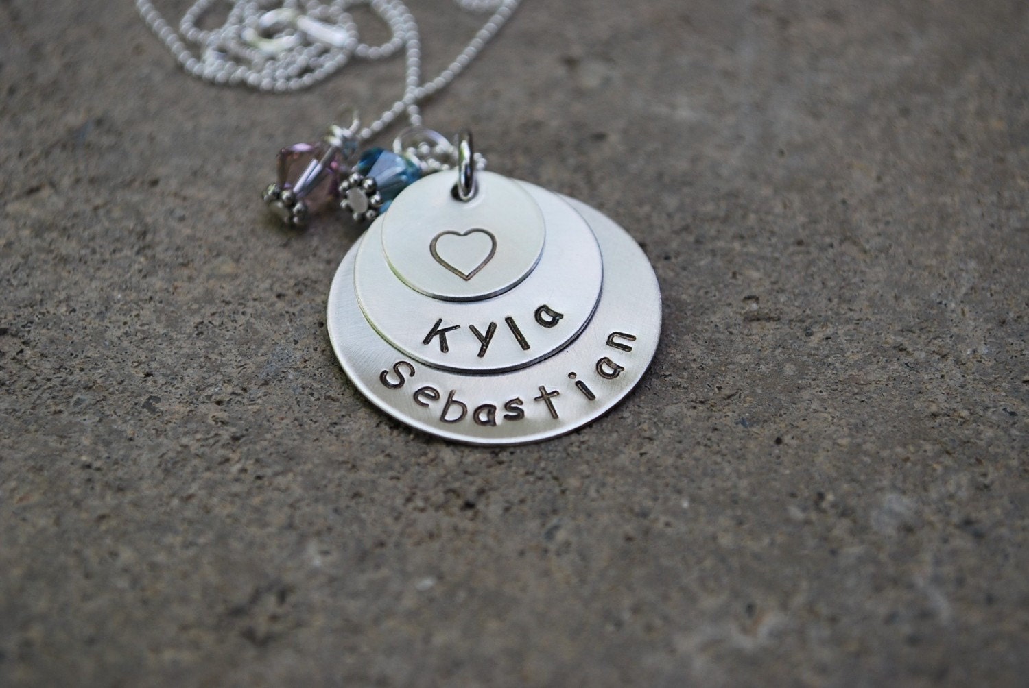 Mothers Pendant-Hand Stamped Sterling Silver Pendant/Necklace - Discs -Double Layered- Silver Heart with Birthstones-Comic Sans Font