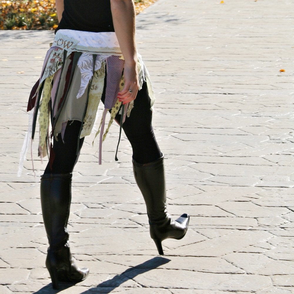 upcycled clothing . tattered wrap skirt . the cats meow