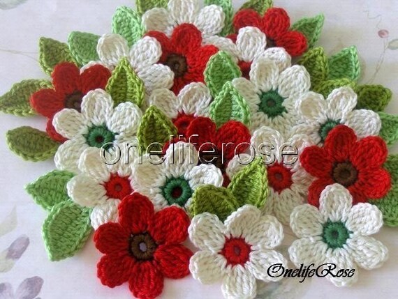 NATURE Crochet Flowers 12 pieces with 12 leaves