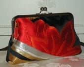 Silk Kimono Obi Fabric Bag/Purse/Clutch..Chic Fiery Chrysanthemum..Vermillion Red w/Black
