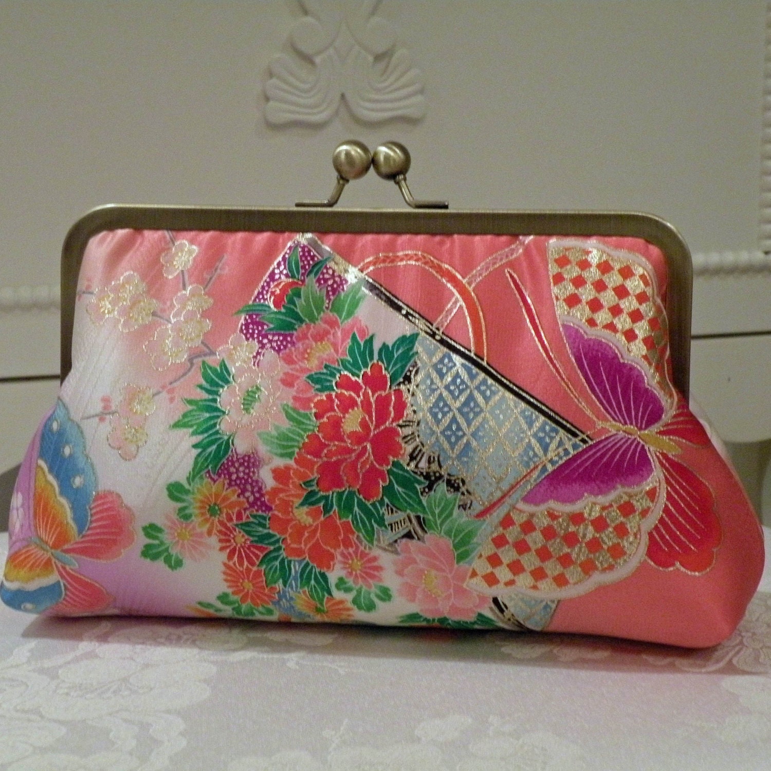 Silk Kimono Fabric Clutch/Purse..Butterflies..Cherry Blossoms..Chrysanthemum..Wrap available..Free Monogram