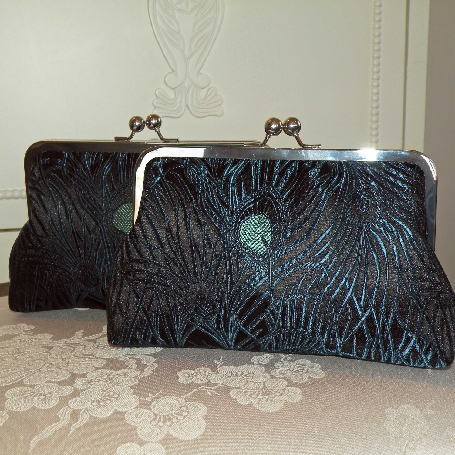 Peacock Feather Clutch/Purse/Bag.. Silk Brocade..Black/Blue/Torquoise..Wrap available..Free Monogram