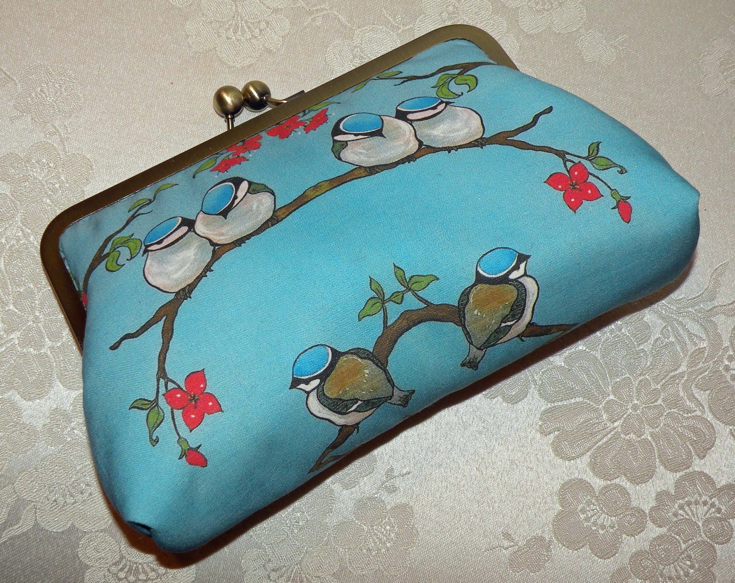Chickadee and Cherry Blossoms Bird On A Branch Clutch/Purse..Silk Lined..Blue Skies..Free Monogram