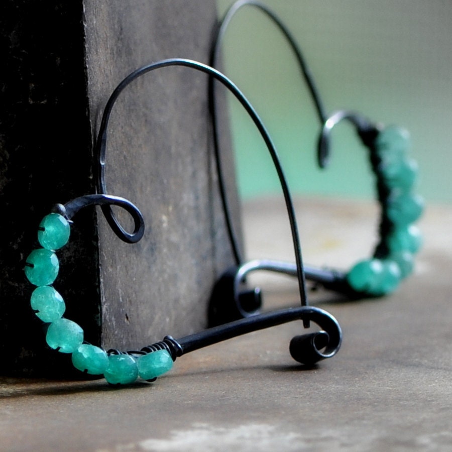darkened sterling silver heart hoop earrings with emerald    large heart hoops   oxidized silver - 2TrickPony