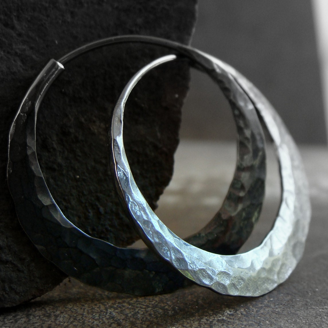 darkened sterling silver  hammered hoop earrings  -   endless style     1 inch small hoop