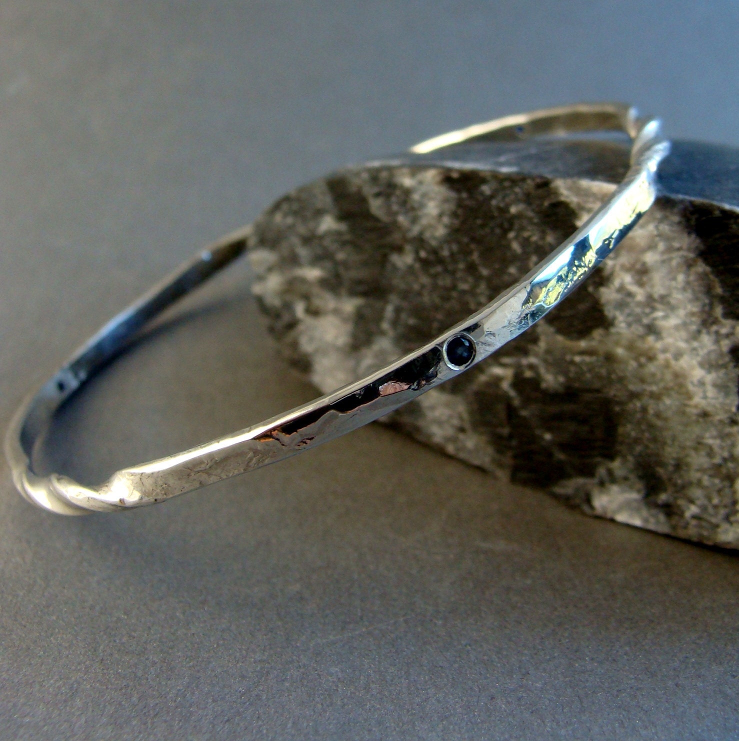 twisted sterling silver bangle bracelet  gypsy set blue sapphire