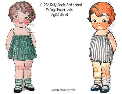 Dolly Dingle and Friend Vintage Paper Dolls Digital Sheet C-263  for Transfers or Sewing into Dolls, Cards, Scrapbooking