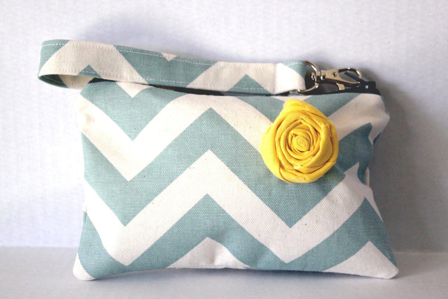 Chevron Wristlet with Shabby Rose and removable strap (cornflower blue)